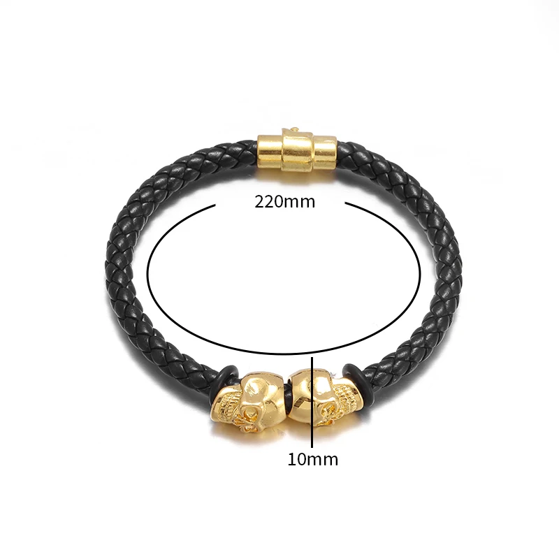 Pulsera clásica de acero inoxidable estilo gótico Punk para hombre, brazalete de cuero con doble Calavera, joyería de fiesta de Rock