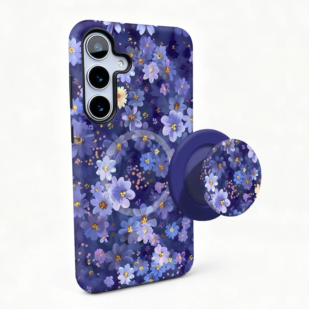 Magnetic Case For Samsung S26 S25 S24 S23 S22 S21 Plus Ultra 20 FE A15 A16 A26 A36 56 17 Purple Flower 2 in 1 Phone Holder Cover