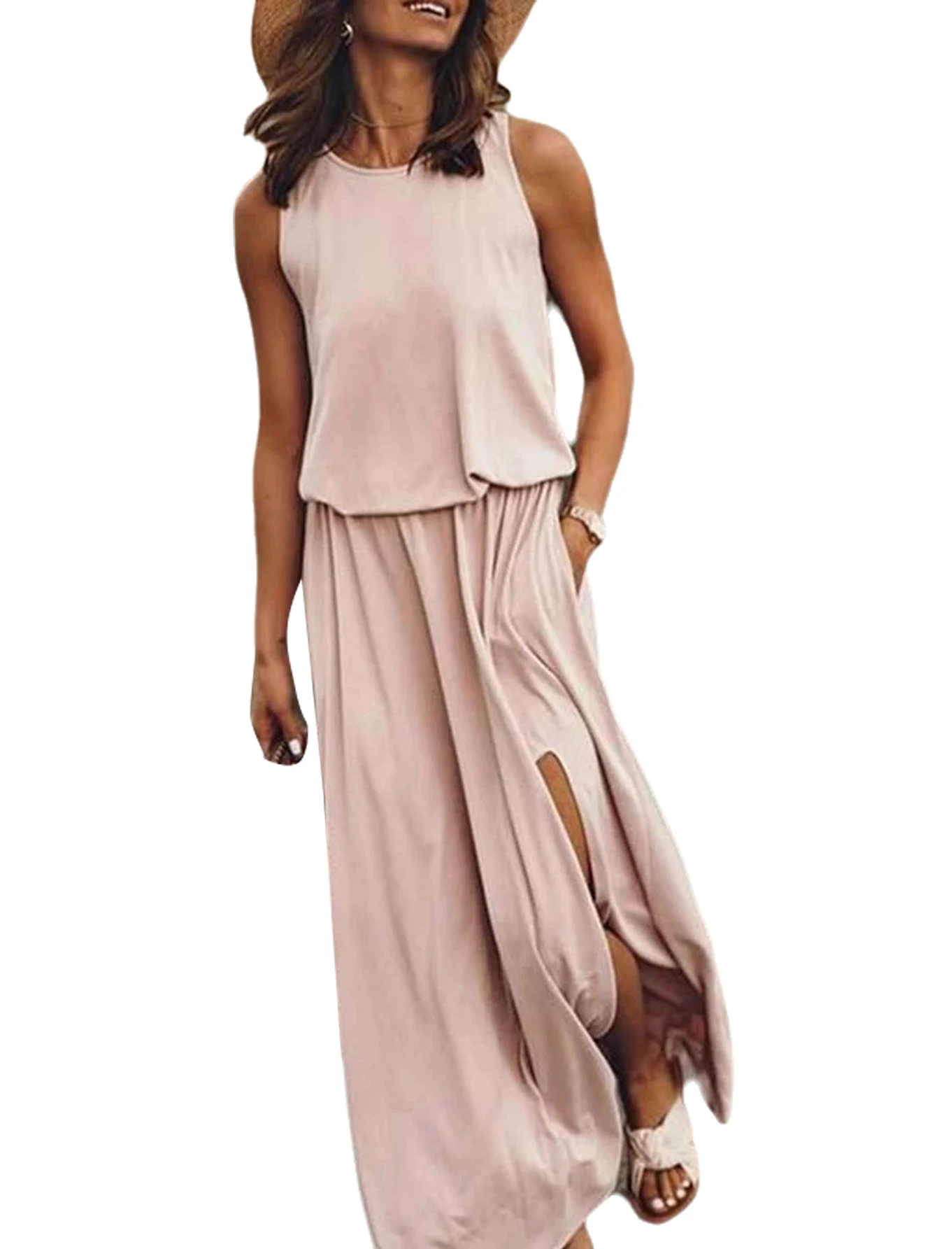 

Long Dress for Women Sleeveless Vest Dress Summer Solid O-Neck Female Dresses Split