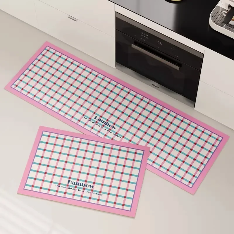 Kitchen Carpet Waterproof Floor Mat PVC Leather Carpets Long Rug Pink Plaid Sweet Design Home Decor Rugs Alfombra de cocina