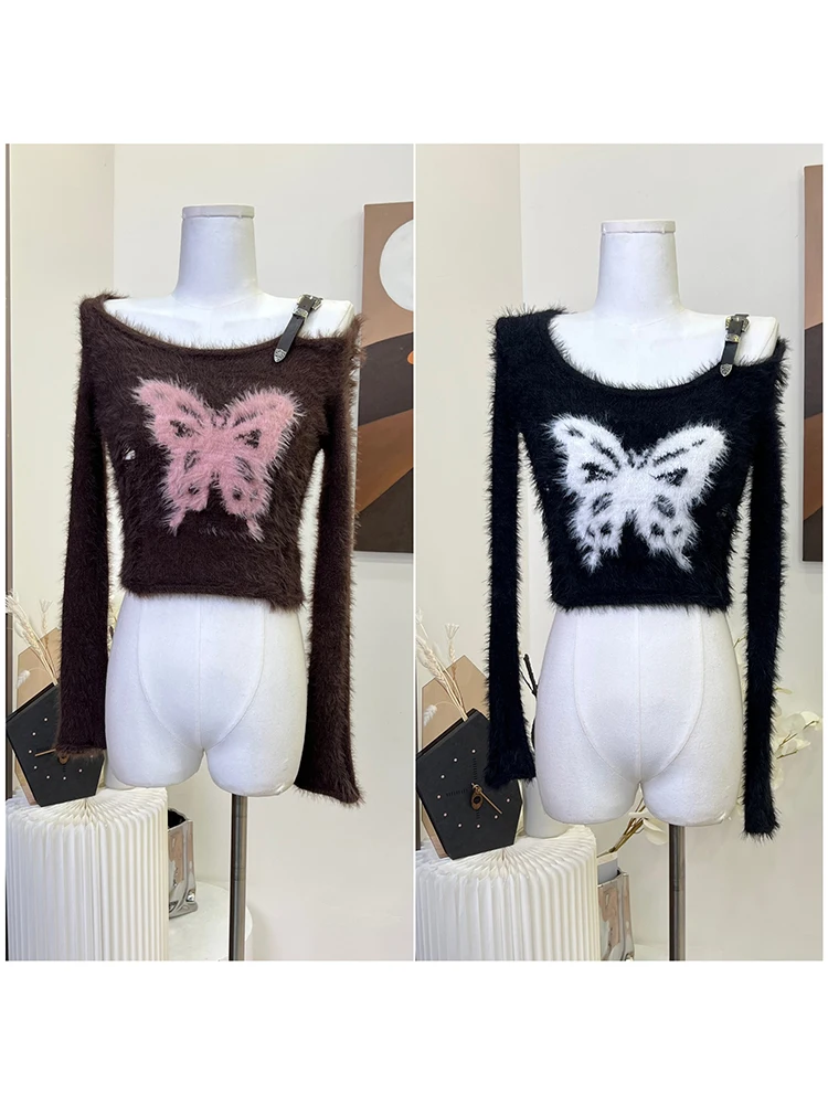 Autunno donna Vintage Harajuku Fashion Gothic Crop Top Off spalla maglione marea o-collo soffice maglione manica lunga 2000s estetica