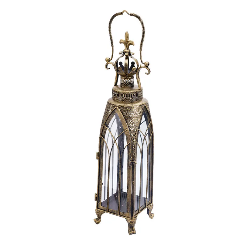 Retro Moroccan Iron Candle Lantern 27.5in Tall Gothic Glass Wind Lamp for Home Patio Wedding Halloween Party Decor