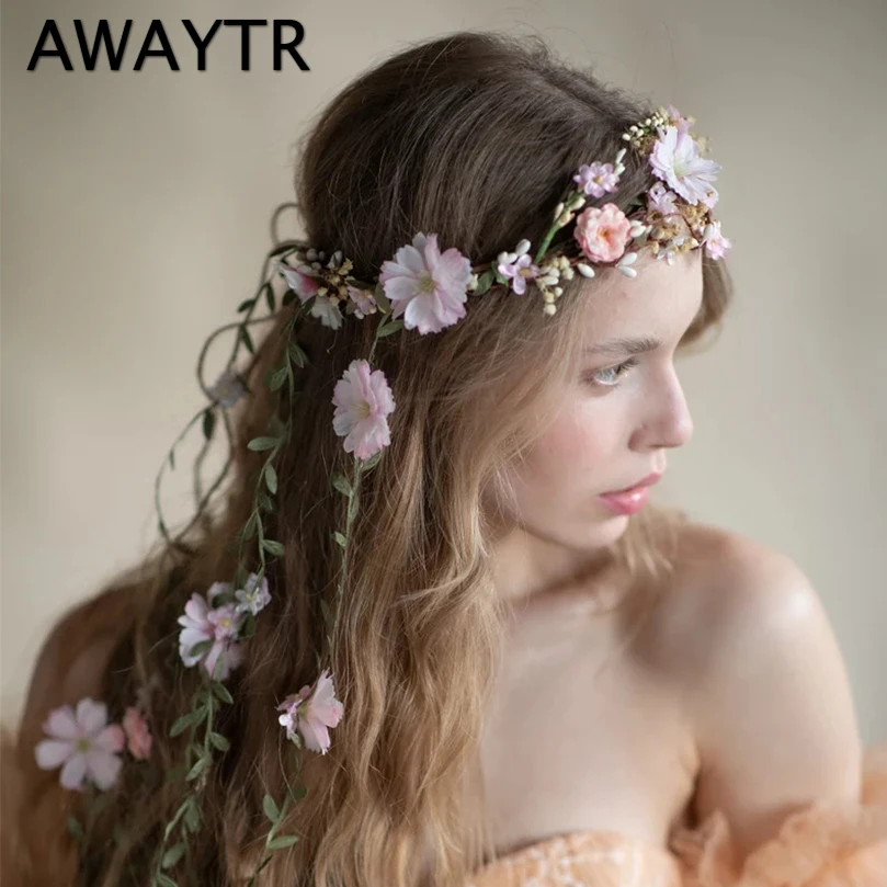 AWAYTR Women Girls Vine Flower Headband Bride Flower Crown Hairband Hair Accessories Wedding Party Spring New Wreath Headwear