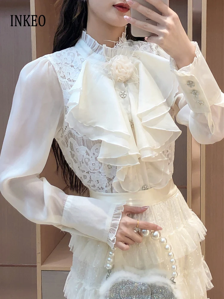 

Vintage Women's Lace patchwork blouse Solid Elegant Ruffled collar long sleeve short shirt see-through tops Sexy 2025 5T003