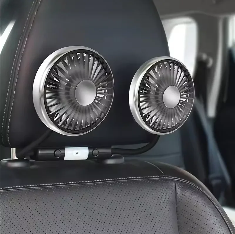 

Car Usb Fan Dual Head Cooling Air Fan Independent Switch 3-speed 360 Degree Adjustable Auto Headrest Fan For Rear Seat