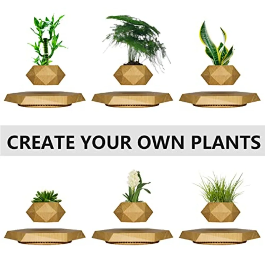 Levitating Plant Pot for home living room office desk decoration, wood material, natural wood color, magnetic levitation and 36
