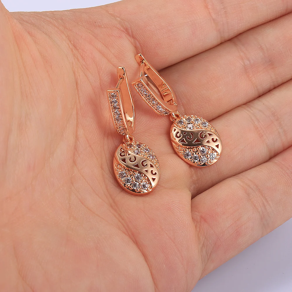 585 Rose Gold Color Earrings For Womens Girls Cut Out Round  Crystal Drop Dangle Earrings Elegant Jewelry Gifts GE365