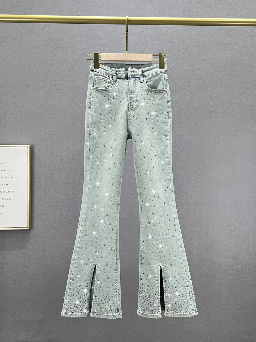 

Женские джинсы с высокой талией, весна 2024, новые, с блестящими стразами, эластичные, утягивающие, длинные брюки-клеш