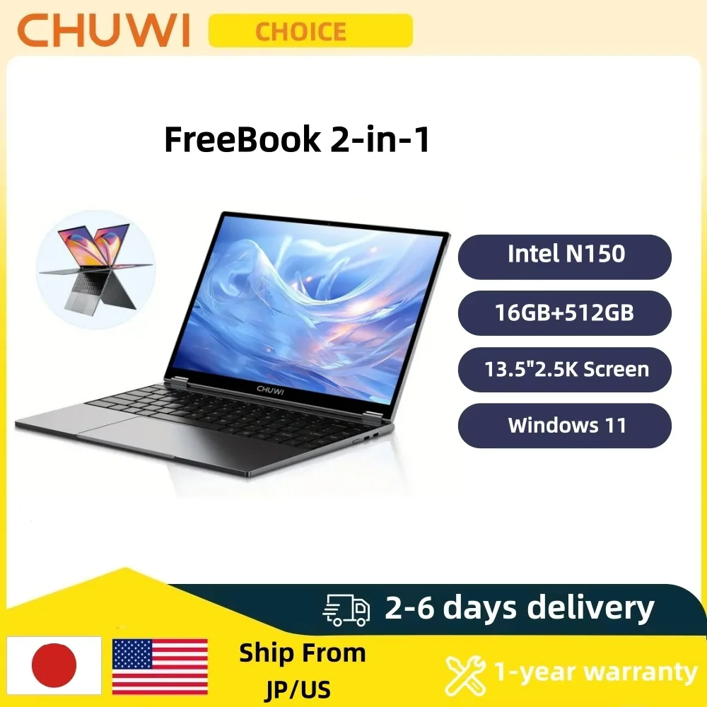 كمبيوتر محمول CHUWI FreeBook 2 في 1 مقاس 13.5 بوصة Intel N150 (حتى 3.6 جيجا هرتز) وذاكرة وصول عشوائي LPDDR5 سعة 16 جيجابايت SSD FHD 2520x1680 WiFi 6 BT5.2 Windows 11 #1