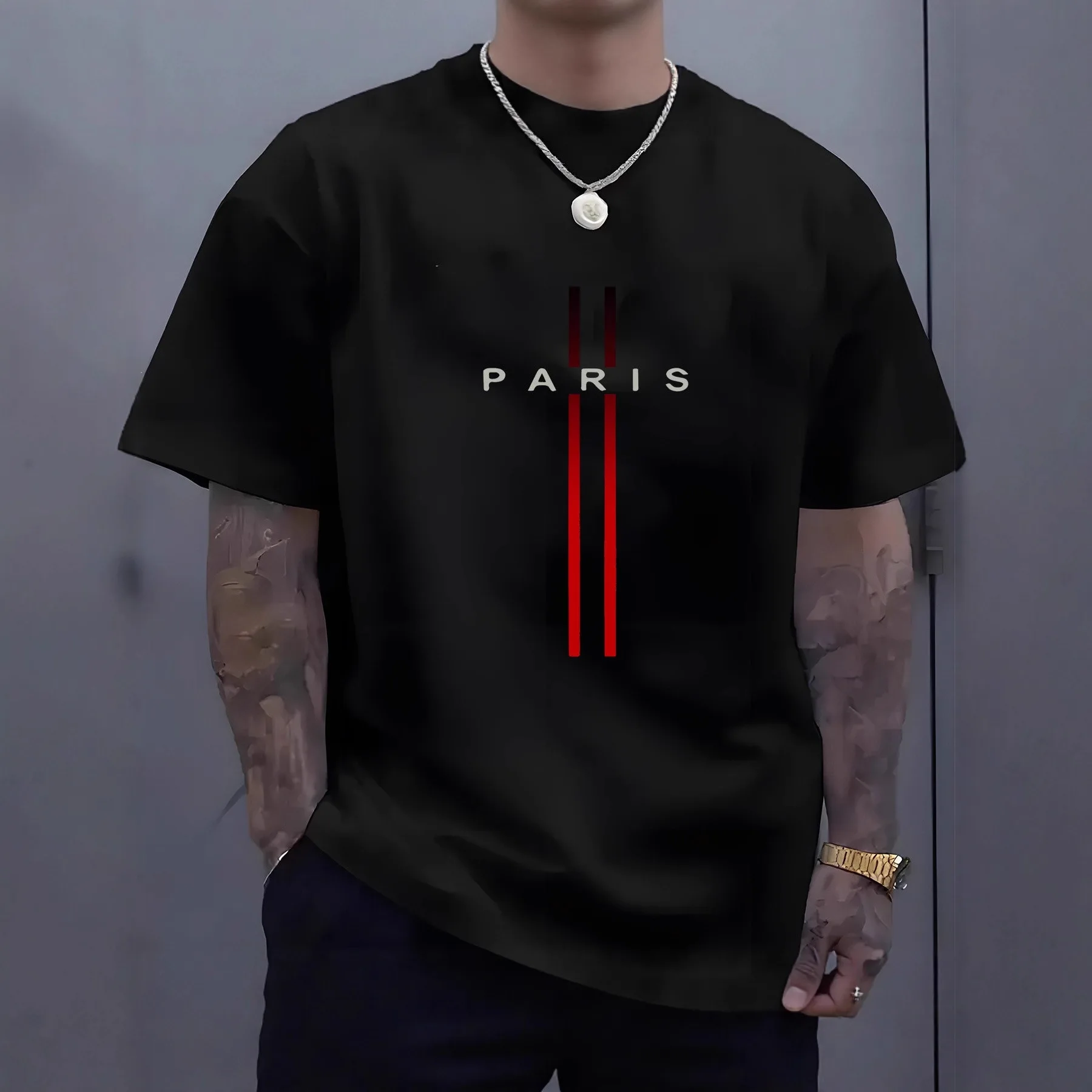 Men's Comfortable round Neck T-Shirt Paris Casual Top Long Velvet Cotton Loose Fit Short Sleeve Basic Style Spring Summer