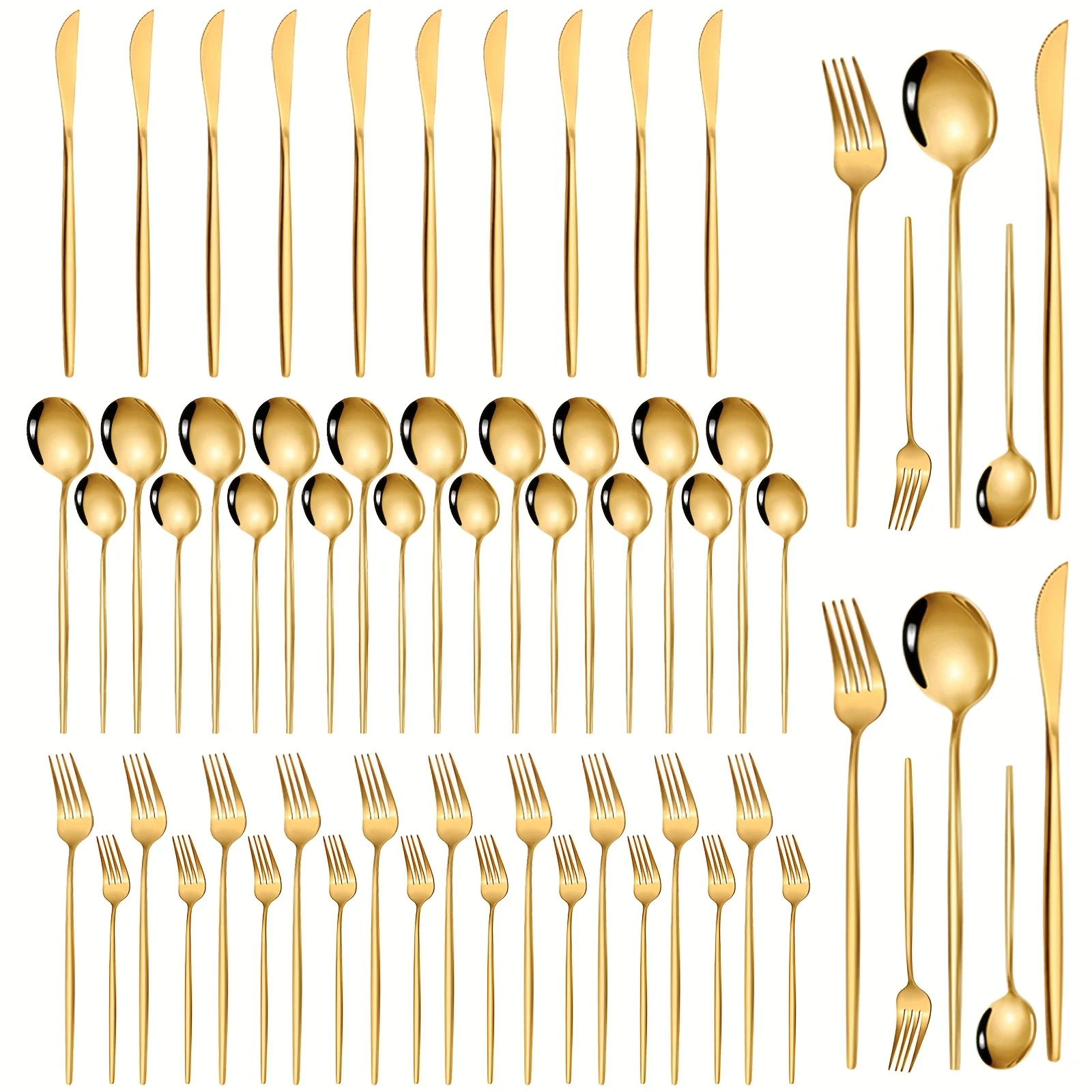

Mother's Day 60pcs Golden Portuguese Stainless Steel Modern Cutlery Set, 12 People Home And Kitchen Stainless Steel Knife, Fork And Spoon Set Mirror Polished, Colorful Box Packaging, Suitable for Restaurants, Hotels, Weddings, Banquets