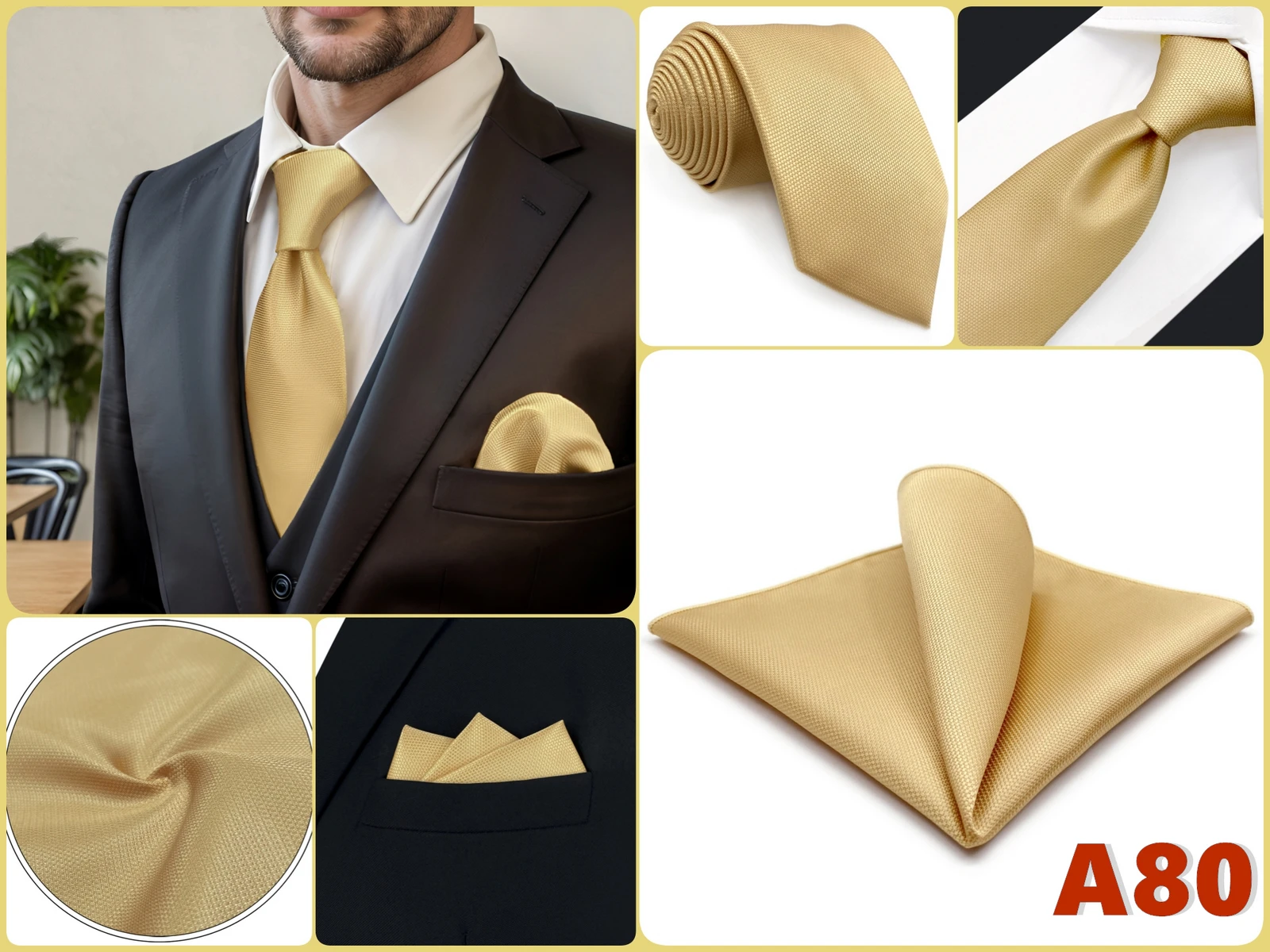 Braunes Herren-Krawatten-Einstecktuch-Set, klassisches Krawatten-Einstecktuch-Set, Business-Formal, Khaki, 147 cm, Dropshipping, Vintage – Detail 22