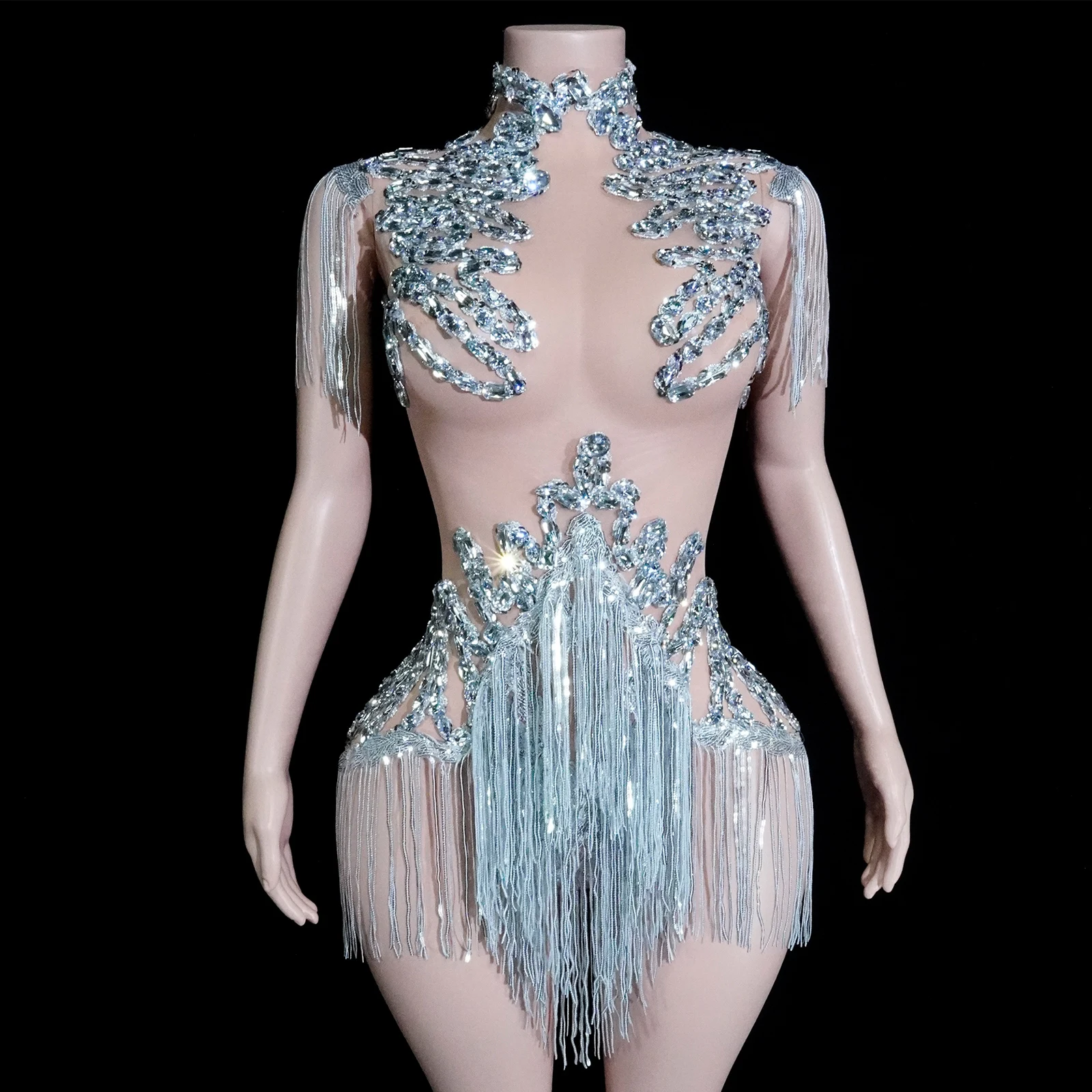 

ShowGirl Costume White Bodysuit Tassel Sexy Mesh See Through Fringe Leotard Nightclub Party Celebrate Pole Dance drag queen