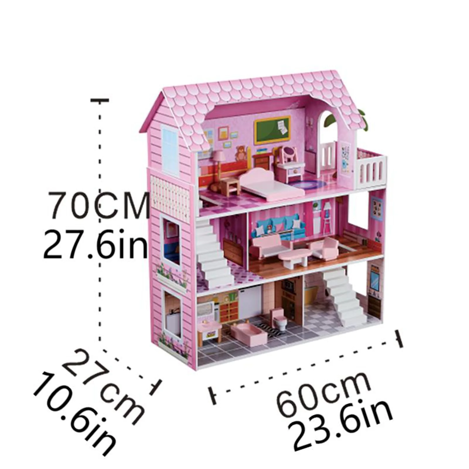 3-stöckiges Puppenhaus-Spielset aus Holz mit Möbeln, mehrere Räume für Mädchen, Kinder, Puppenhaus, Rollenspielspielzeug, Rosa