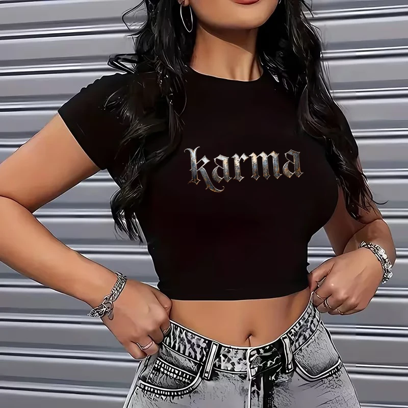 Camiseta Corta Sexy Estilo Años 90 con Estampado de Letras Karma Vintage, Camiseta de Manga Corta Y2K para Verano, Tops Cortos para Mujer