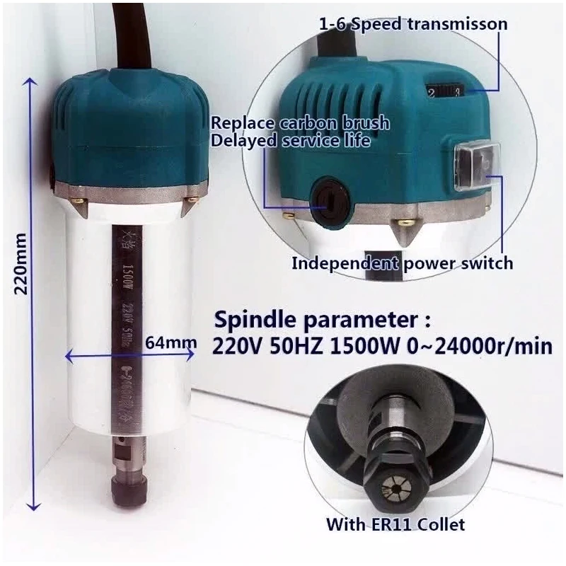 

LY Air Cooling Spindle Motor 64mm Diameter ER11 Collet Chuck 1.5KW Power for DIY CNC Engraving Machine Optional 220V 110V
