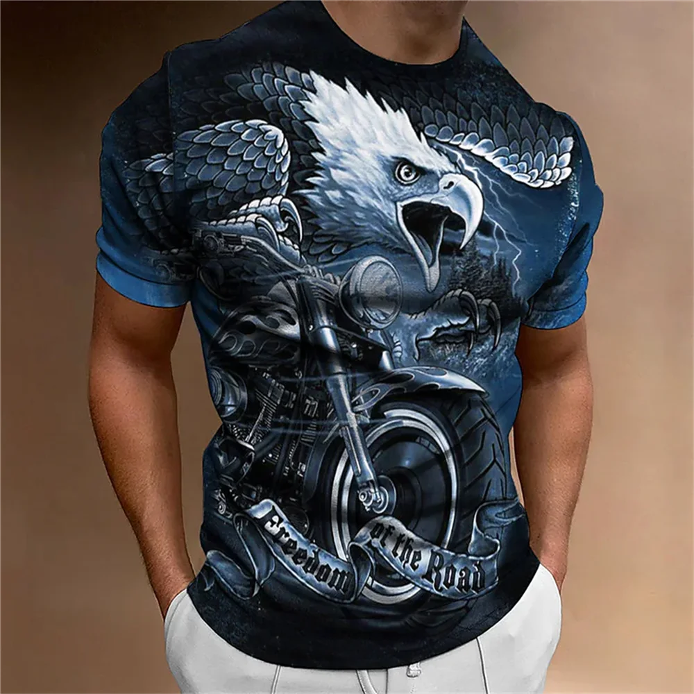 T-Shirt z grafiką z orłem w stylu Vintage dla mężczyzny lato z dekoltem w motocyklowym stylu koszula Oversized Casual krótki rękaw topy męskie bluza