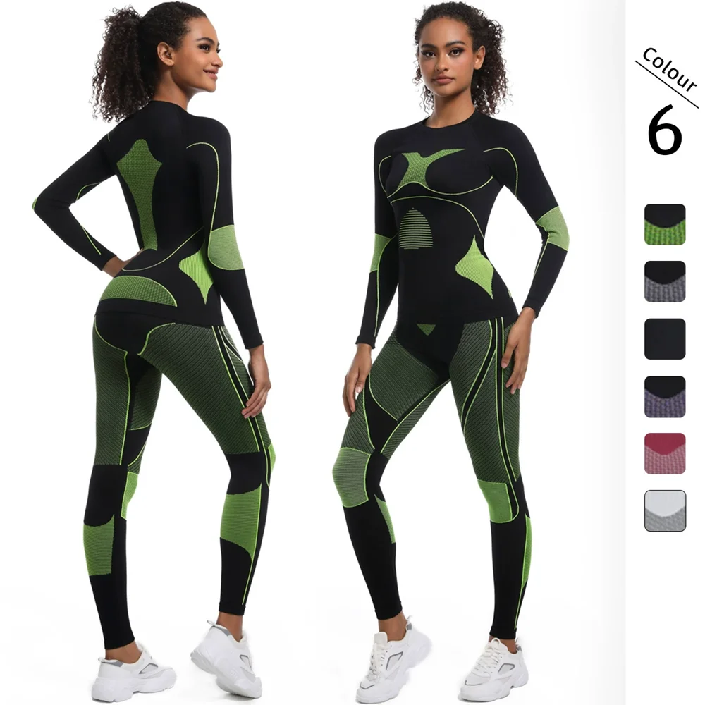 Damen Nahtloser Hochelastischer Langarm-Skianzug Fitnesskleidung Körperformendes Set Sport-Lauf-Radsport-Yoga-Outfit