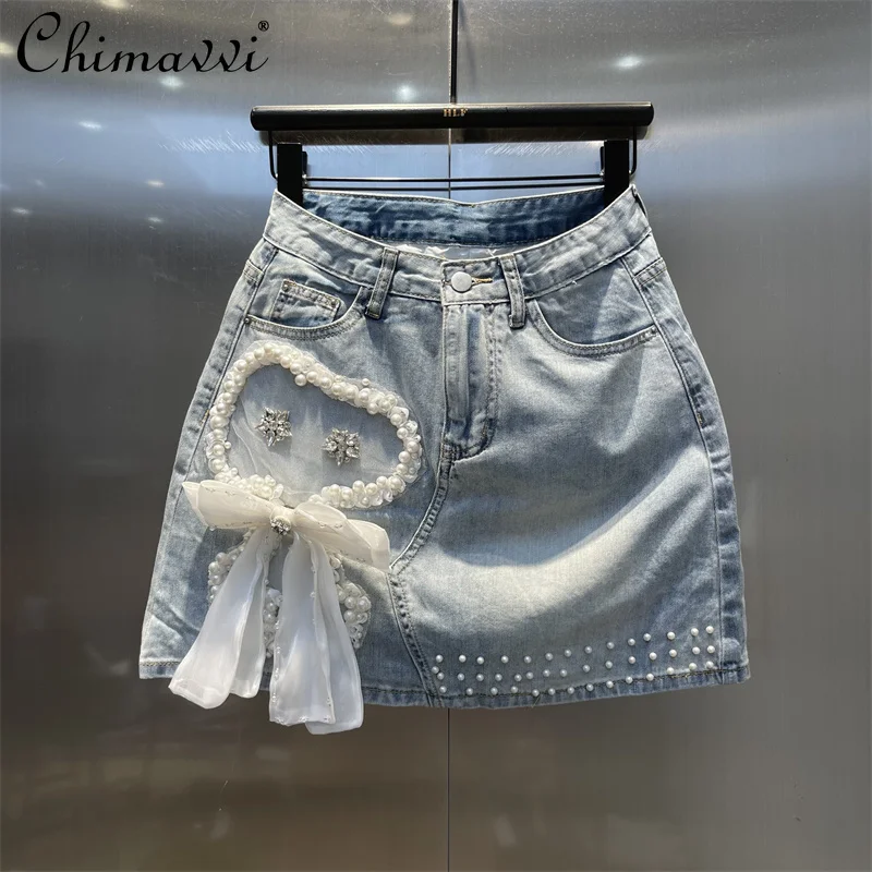 

Fashion 2024 Early Autumn New Exquisite Rhinestone Beaded Design Denim Skirt Women's Fashion Loose Slim Streetwear Short Skirt