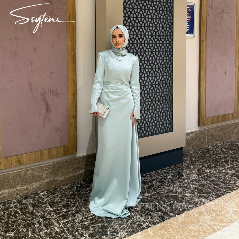 

SSYTENS Muslim Arabic Evening Dresses Full Sleeves Hijab Islamic Prom Formal Party Gowns Women Long Crystal Occasions Customized