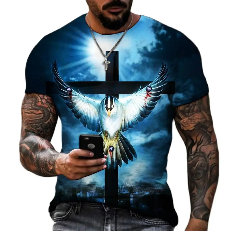 Summer Men\'S 3d Printed T-Shirt Jesus Cross Print Retro Catholic Harajuku O-Collar Short-Sleeved Casual Fashion Plus Size Top