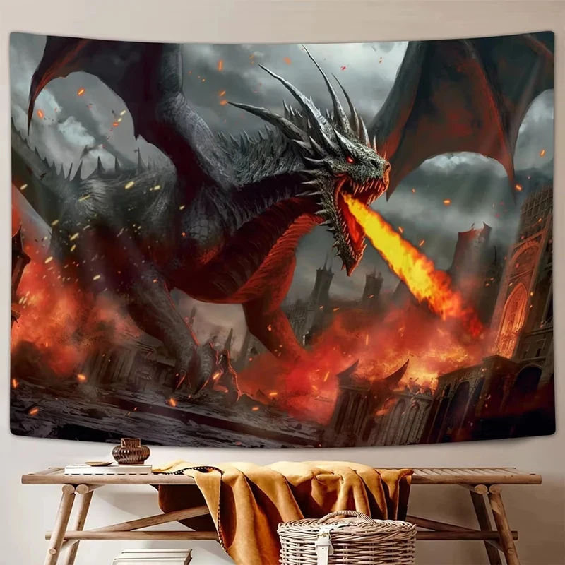 VIKAMA Fantasy Dragon Tapestry Black Dragon on Medieval Castle with Snowy Mountains Wall Hanging Background Cloth for Home