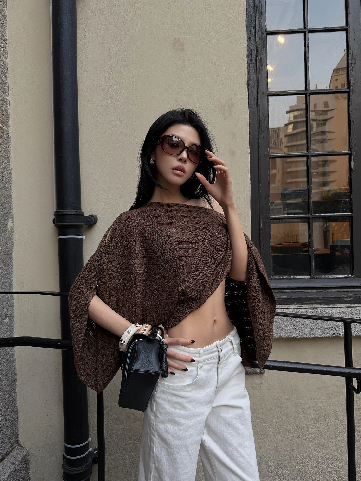 

Hydrae Chic Brown Knitted Sweater Women's Loose Fit oulder Bared Cable Knit Coat Ele Sle Online Exclusive Spring Season