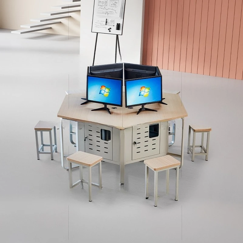 Desktop school student hexagonal computer table, smart classroom, microcomputer room, steel training hexagonal table
