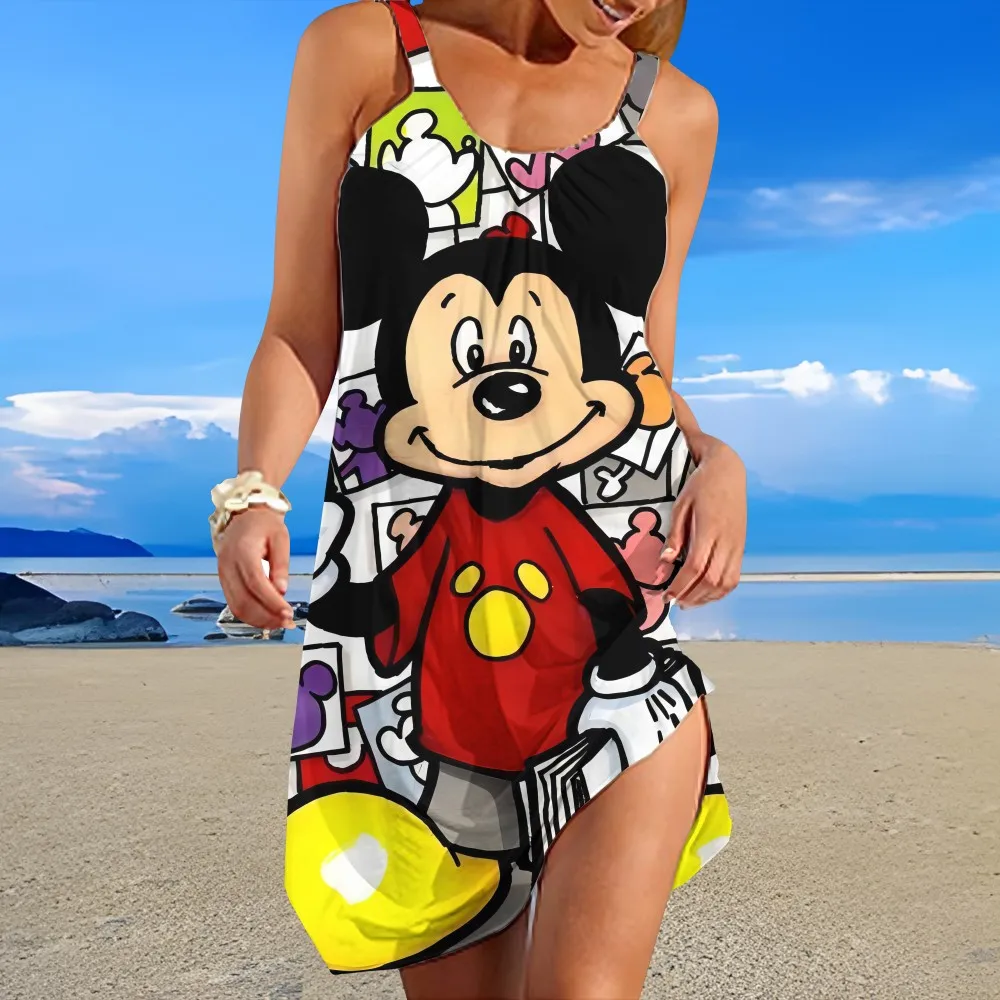 

Low Round Collar off-shoulder Design Female Suspender Dress Cartoon Pattern Printed Casual Female knee-length Beach Skirt