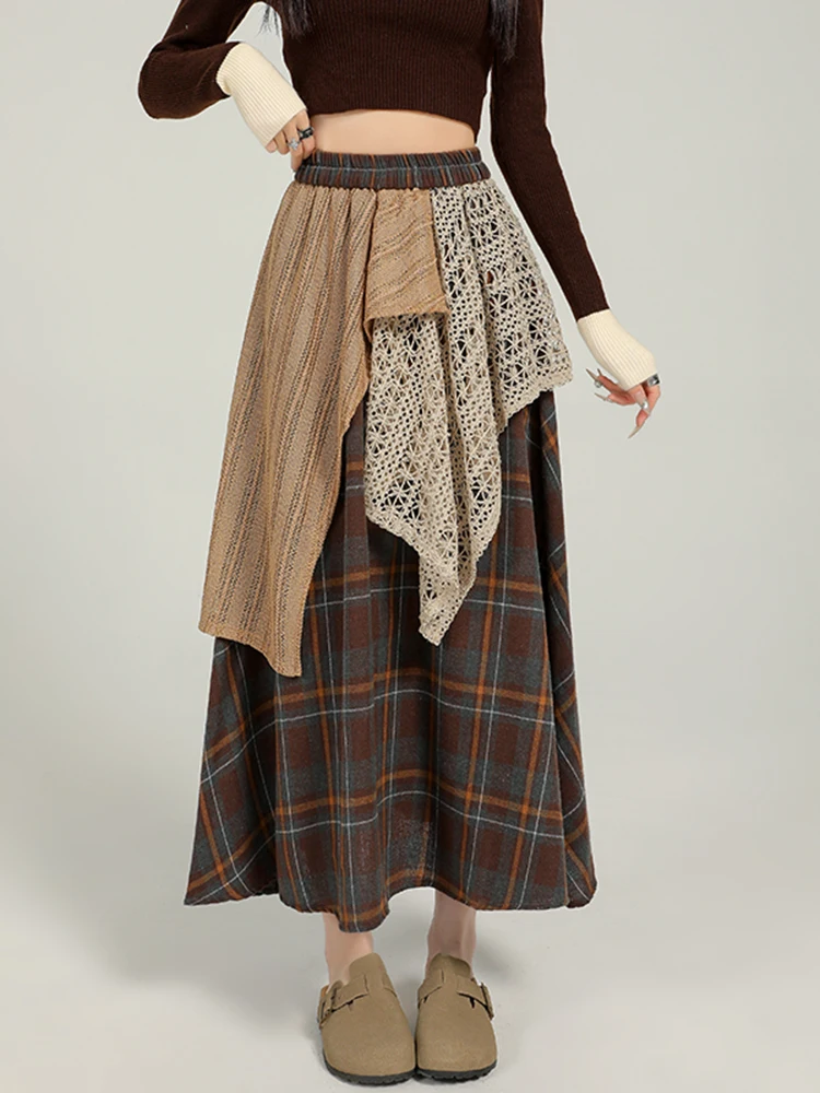

Retro Plaid Asymmetrical Splicing f Skirt Women's High Waist Slim A-Line Long Skirt Sweet Sle Casual Loose Fit