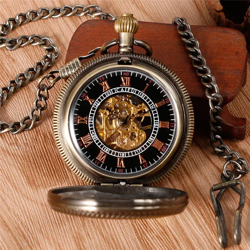 Steampunk Half Hunter Men Women Handwinding Mechanical Pocket Watch Carving Roman Number Skeleton Pendant Chain Collectable