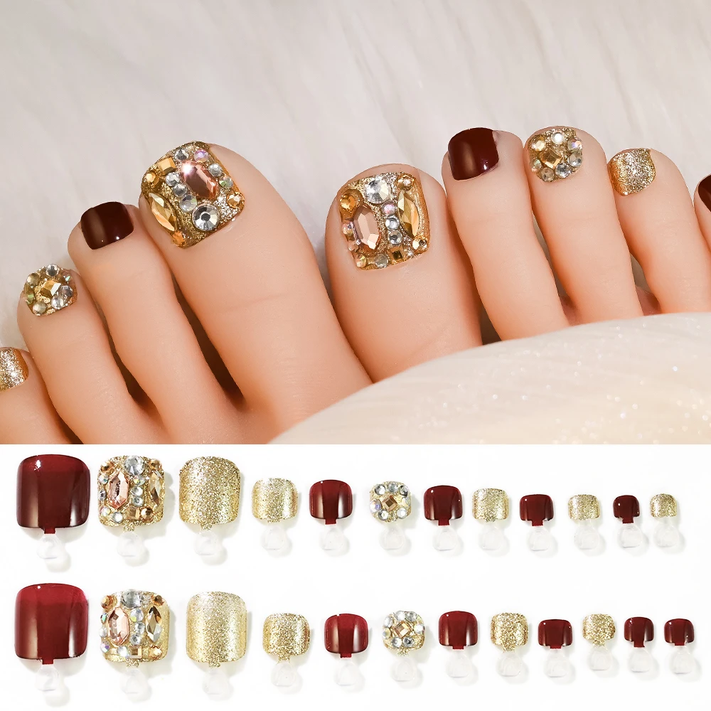 24/100/120Pcs Press On Toe Nails for Women French Tip Fake Toenail with Gold Glitter Rhinestone Design Full Cover False Toenails