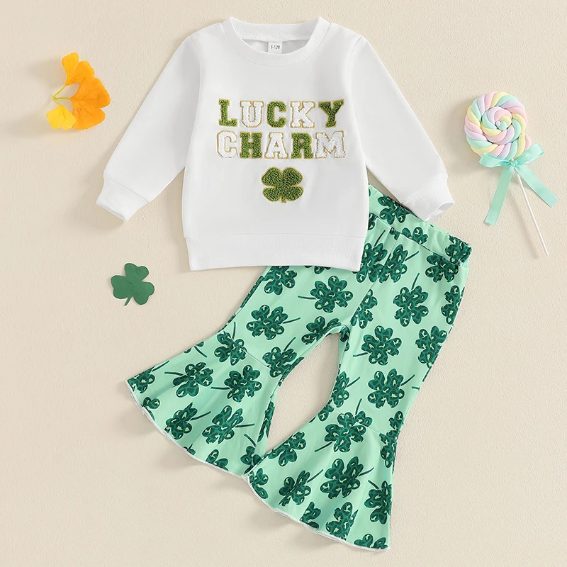 Toddler Girls Irish Day Outfits Letter Embroidery Long Sleeve Sweatshirt and Clover Print Flare Pants Set