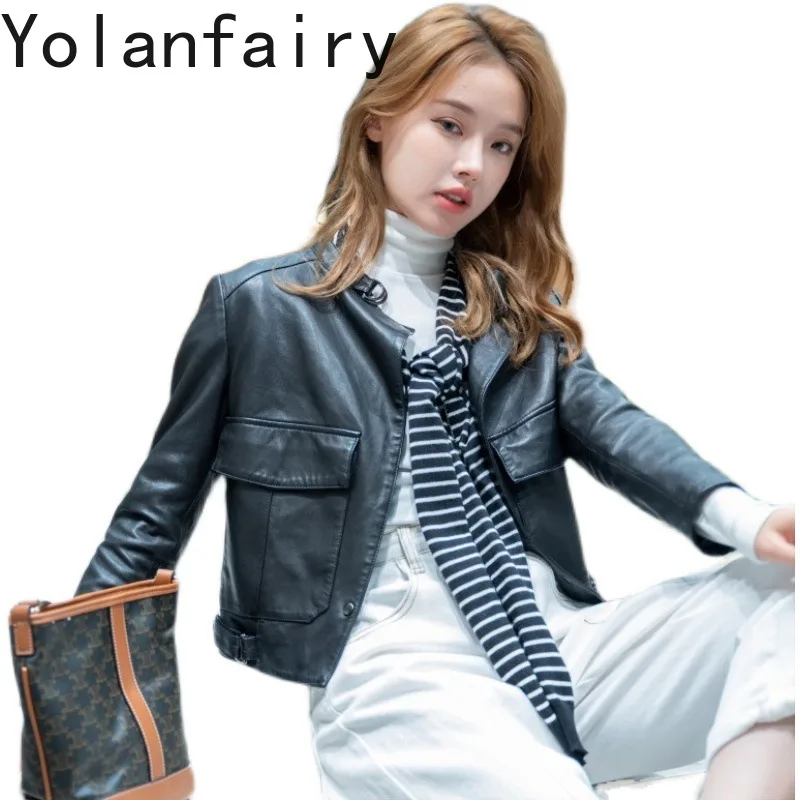 

YOLANFAIRY Genuine Leather Sheepskin Outwears Simple Style Spring Short Motorcycle Jacket Slim Fit Coats New Jaqueta Feminina