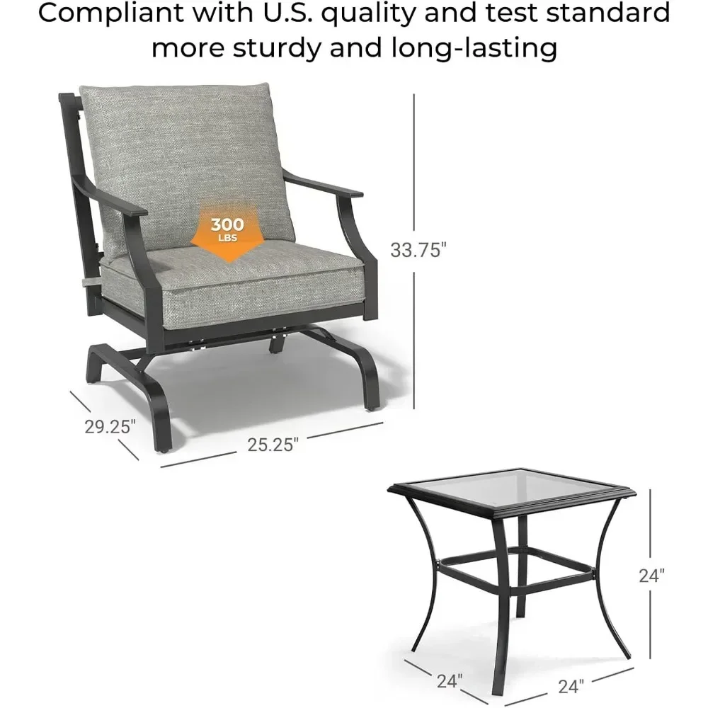 Large Terrace 3-Piece Furniture Seat, Outdoor Metal Sports Chair, Terrace Conversation Set, Grey Cushion Square Coffee Table