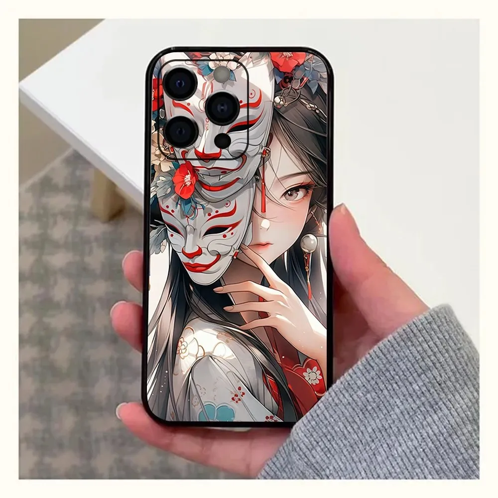 Samurai Warrior Geisha Phone Case For Apple iPhone 15,14,13,12,11,Pro,X,XS,Max,XR,Plus,Mini Soft  black shell