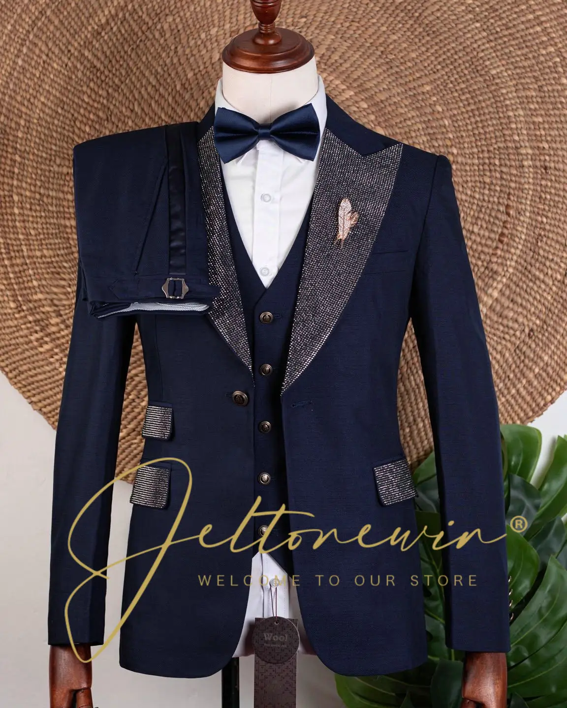 

Мужской темно-синий костюм-смокинг из трех предметов со сверкающей отделкой, однобортный, приталенный, официальная одежда для свадьбы, жениха, вечеринки