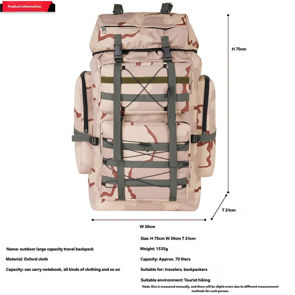 70L Tactical Bag Large Capacity Camouflage Mountaineering Backpack Waterproof Climbing Rucksack Oxford Cloth Sports Knapsack