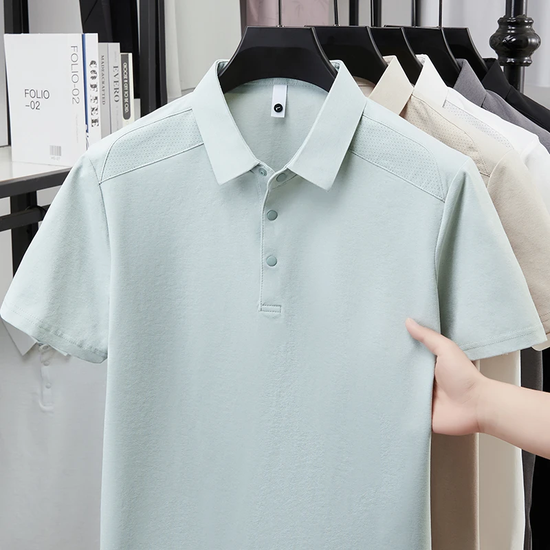 Herren Poloshirt mit Reverskragen, Kurzarm, Weicher Knitterfreier Stoff, Perforierte Schultern, Lässiges Business-Alltags-Sommeroutfit – Detail 9