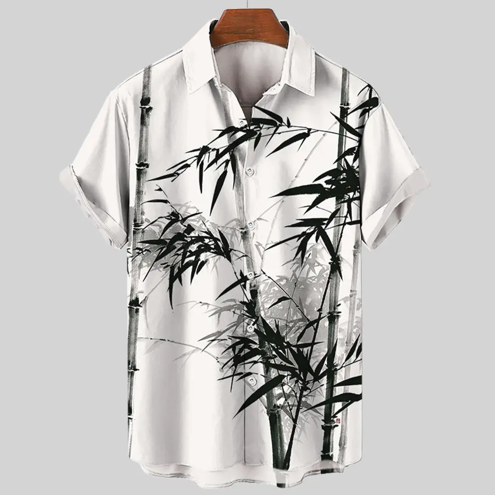 Camisa de bambú informal de manga corta para hombre, camisa Cultural China, Camisa estampada en blanco y negro, Top de gran tamaño, ropa de verano