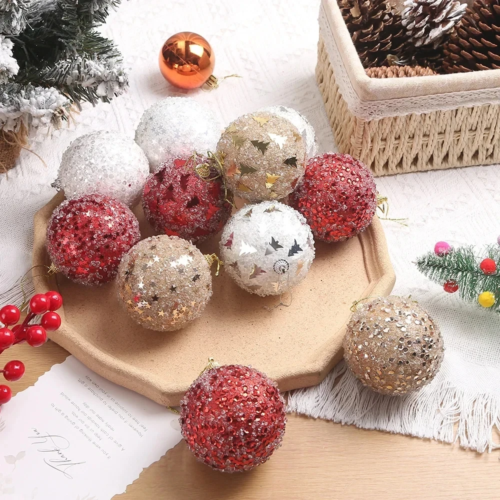 8Cm Set di palline di natale scatola forniture per feste schiuma oro rosso ciondolo a sfera con paillettes 9 pezzi decorazione regalo ornamenti per