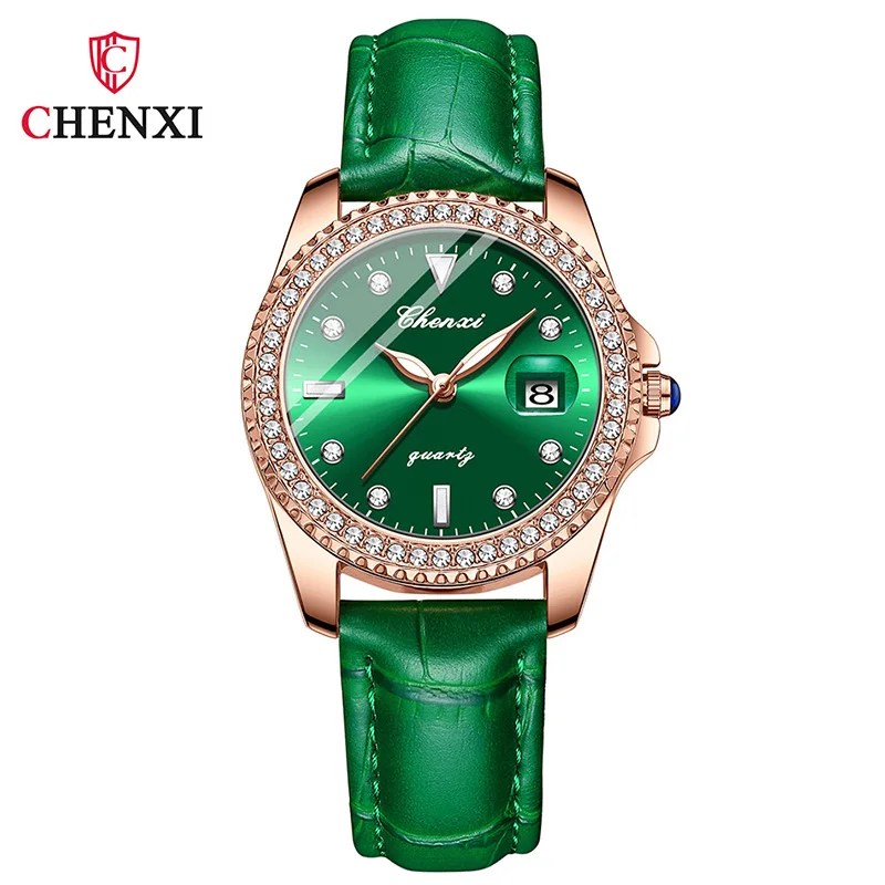 Vintage Style Green Dial Women Watch CHENXI Brand Stainless Steel Wristwatch Rhinestone Design Valentine\'s Day Gift for Lover