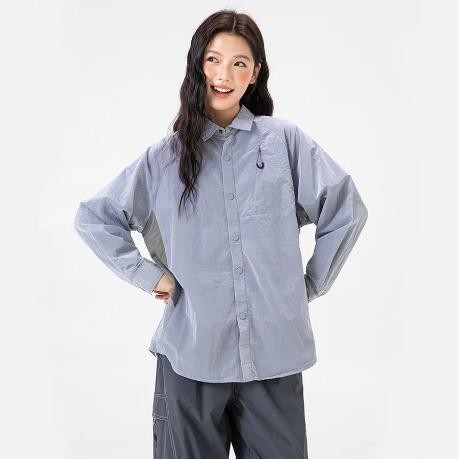 Men Women Outdoor Nylon Waterproof Quick Dry Lightweight Track Loose Casual Oversize Long Sleeve Cargo Shirt Streetwear Blouse