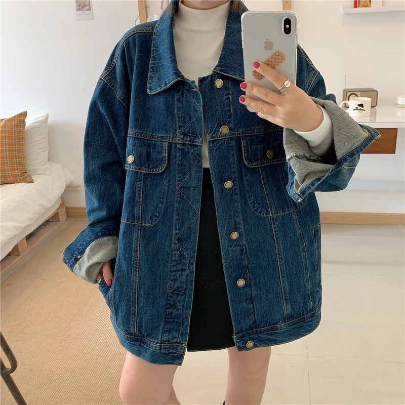 

Korean Lapel Denim Jacket for Women Retro Single Breasted Loose Mid-Length Coat Spring Autumn Female Long Sleeved Outerwears
