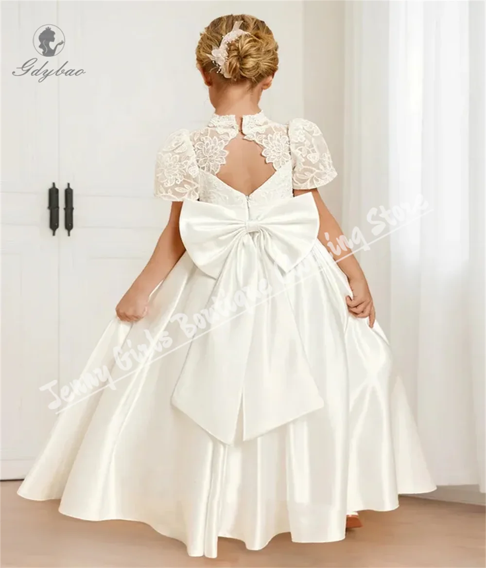 Ivory Lace Applique Evening Dress With Bow For Children's First Communion Bridesmaid Suitable Wedding Performances