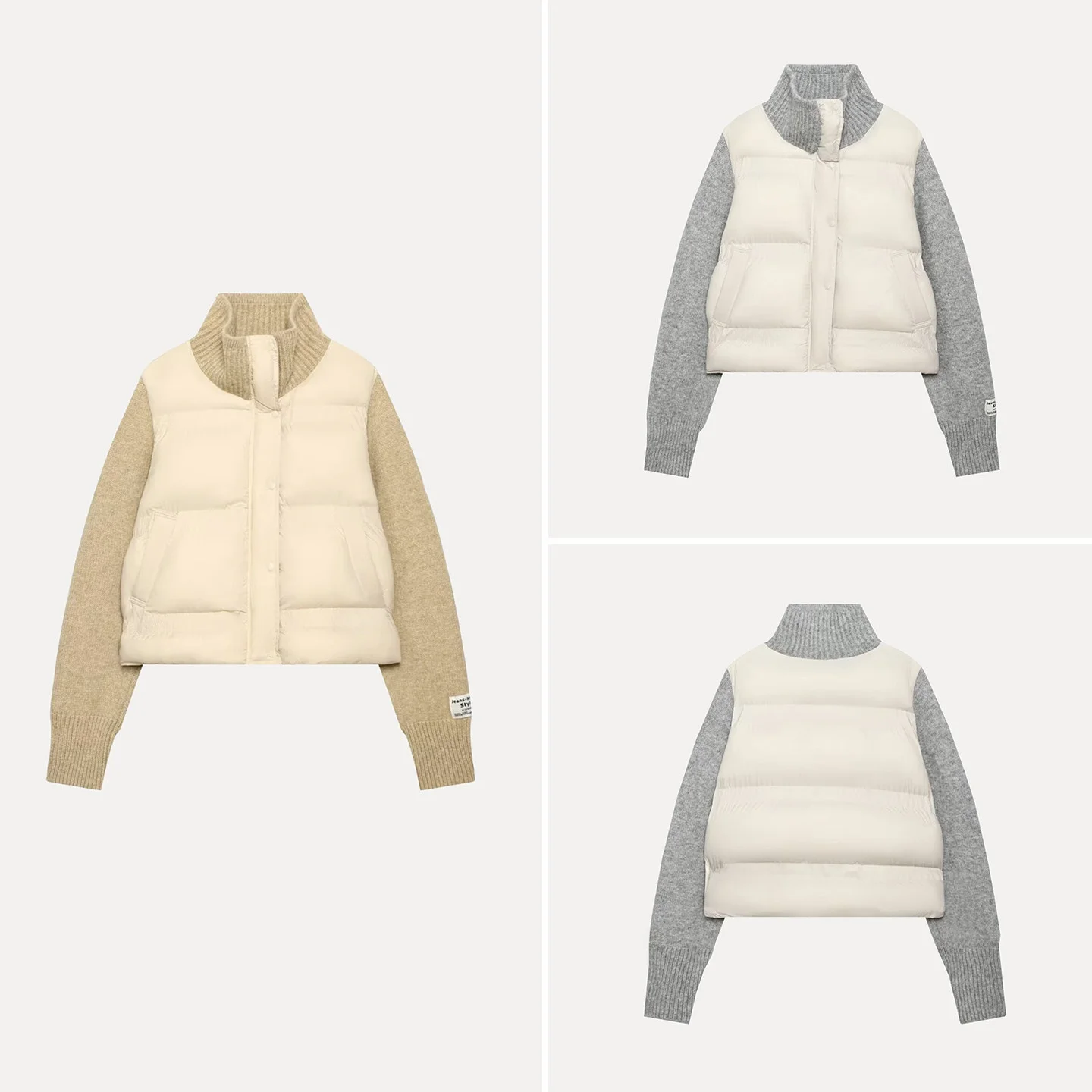 

Зимнее женское модное вязаное пальто 2025 года с длинными рукавами, воротником-стойкой, пэчворком и стеганой отделкой, теплое, приталенное, короткое