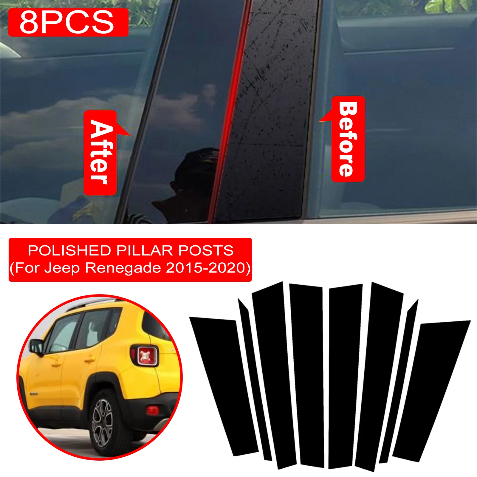 8PCS Polished Pillar Posts Fit For Jeep Renegade 2015-2020 Window Trim Cover BC Column Sticker Chromium Styling Car Accessories