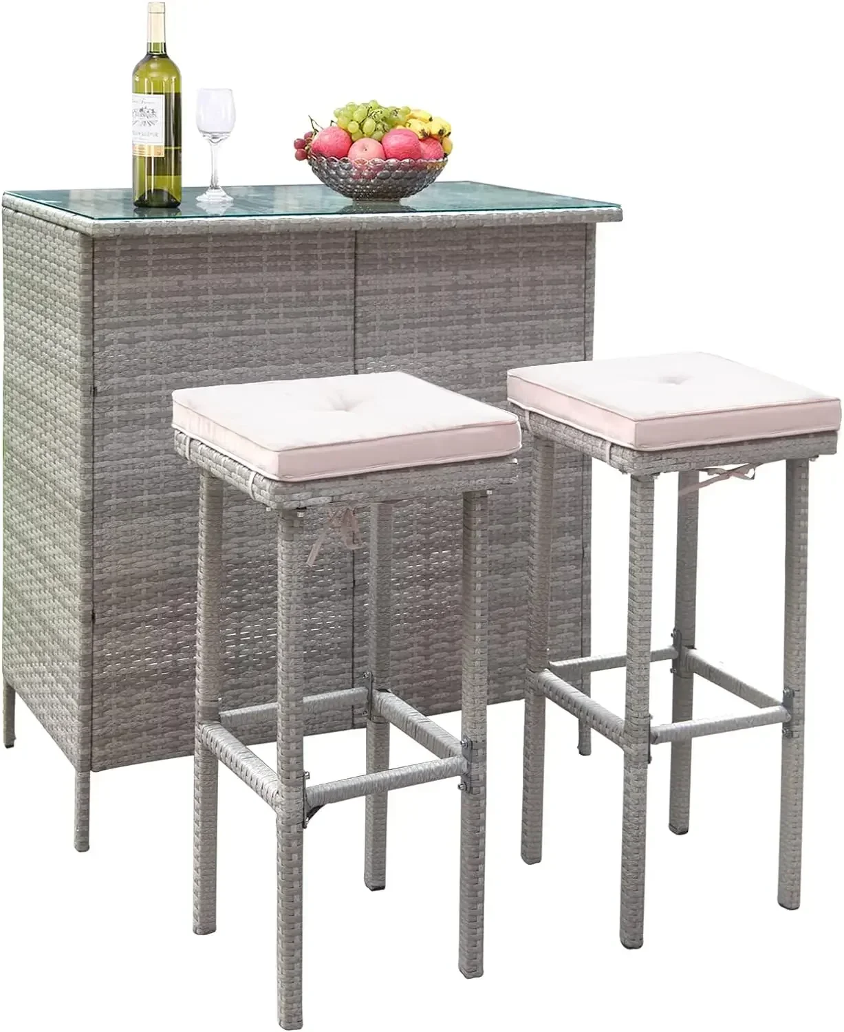 3PCS Patio Bar Set with Stools and Glass Top Table Patio Wicker Outdoor Furniture with Beige Removable Cushions for Backyards