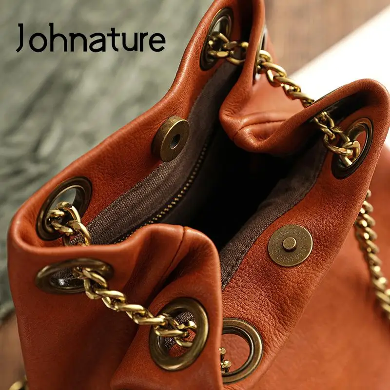 Johnature Simple Women Bucket Bag Genuine Leather 2024 New Vintage Nature Soft Cowhide Chain Shoulder & Crossbody Bags