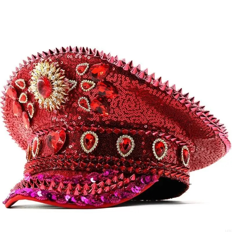 L5YC Rhinestones Marine Top Hat Rivet Studded Big Brims Hat for Youth para jóvenes para adultos Tema fiesta Festival Festival